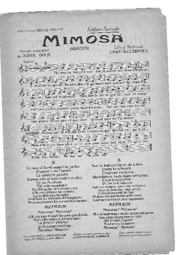 télécharger la partition d'accordéon Mimosa (Chant : Raquel Meller) au format PDF