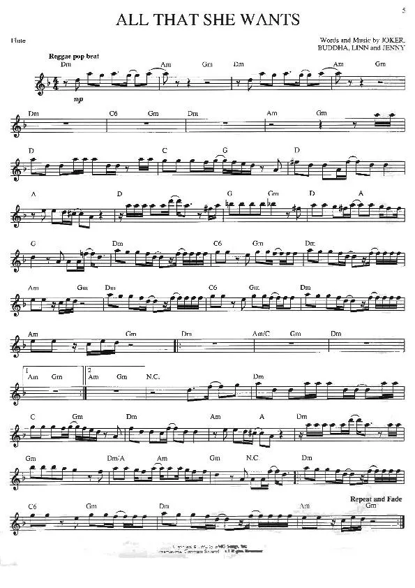 télécharger la partition d'accordéon All that she wants (Interprètes : Ace Of Base) (Reggae) au format PDF