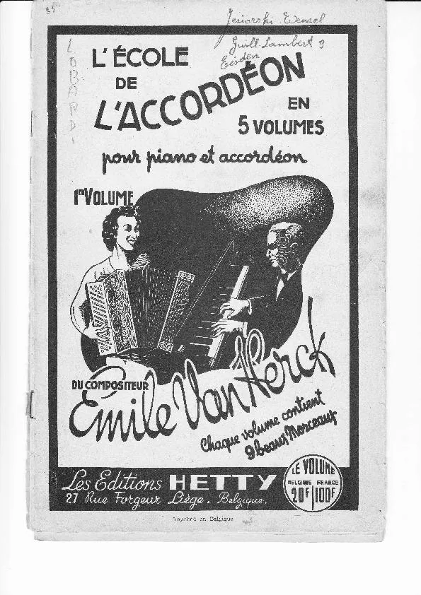 télécharger la partition d'accordéon L'Ecole de l'Accordéon en 5 Volumes pour Piano et Accordéon du Compositeur Emile Van Herck (1er Volume) au format PDF