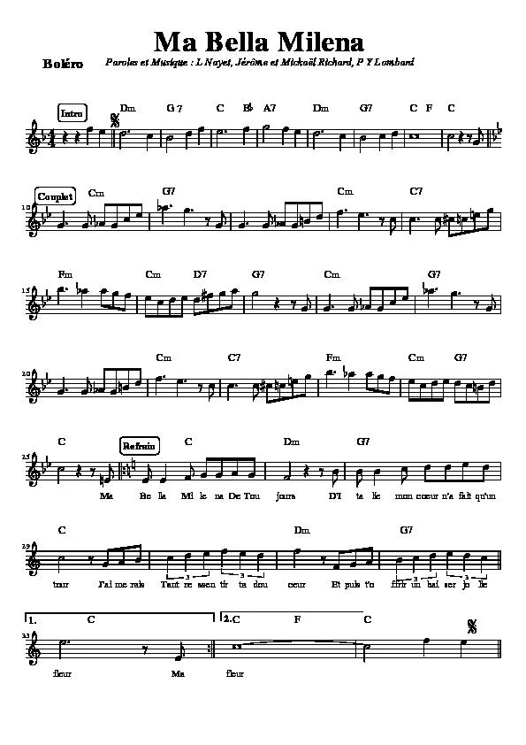 télécharger la partition d'accordéon Ma Bella Milena (Boléro) au format PDF