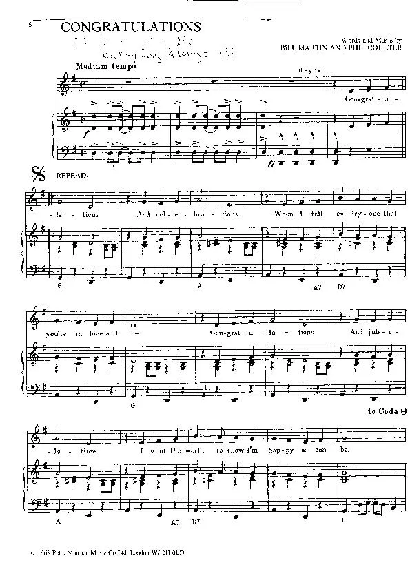 télécharger la partition d'accordéon Congratulations (Chant : Cliff Richard) (Fox Trot) au format PDF