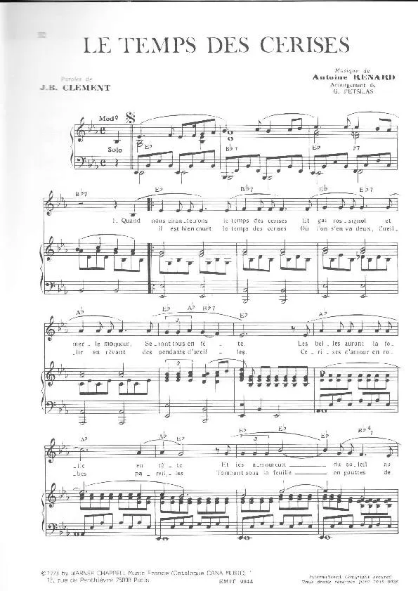 télécharger la partition d'accordéon Le temps des cerises (Arrangement : Georges Petsilas) (Chant : Tino Rossi) (Boléro) au format PDF