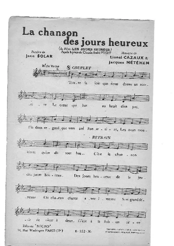 télécharger la partition d'accordéon La chanson des jours heureux (Du Film : Les jours heureux) au format PDF