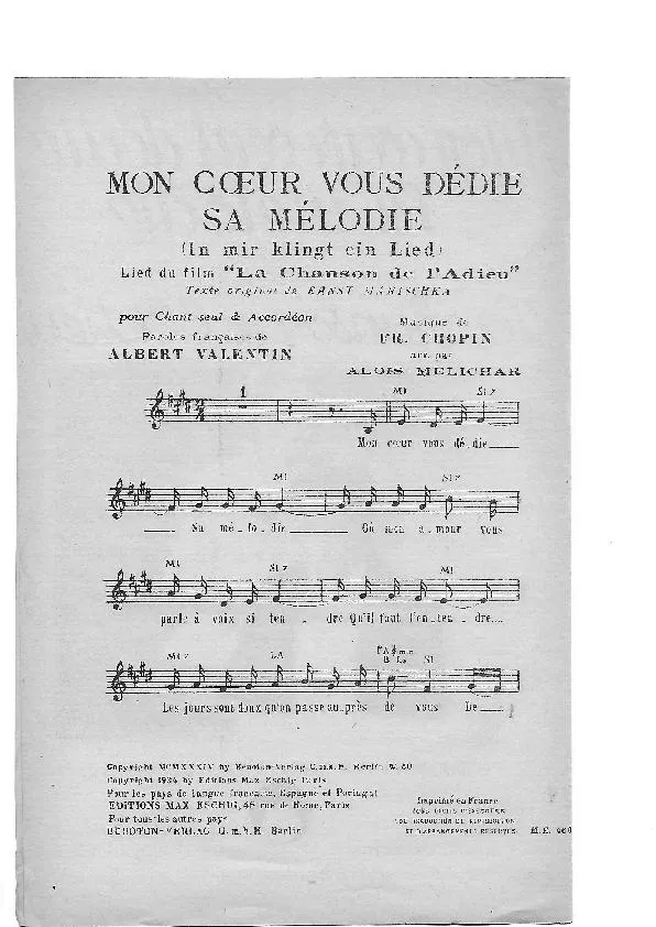 télécharger la partition d'accordéon Mon coeur vous dédie sa mélodie (In mir klingt ein Lied) (Du Film : La chanson d'adieu) (Arrangement : Alois Melichar) au format PDF