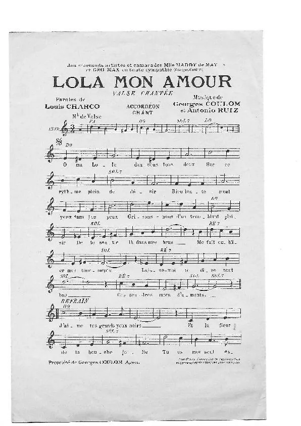 télécharger la partition d'accordéon Lola mon amour (Valse Chantée) au format PDF