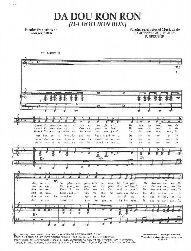 télécharger la partition d'accordéon Da Dou Ron Ron (Da Doo Ron Ron) (Chant : The Crystals / Johnny Hallyday) (Rock and Roll) au format PDF