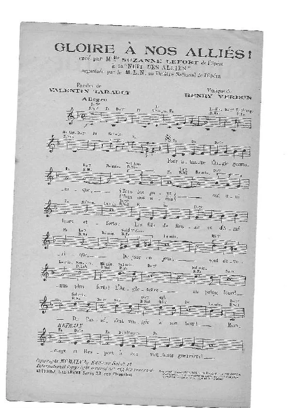 télécharger la partition d'accordéon Gloire à nos Alliés (De l'Opéra : Nuit des Alliés) (Chant : Suzanne Lefort) au format PDF