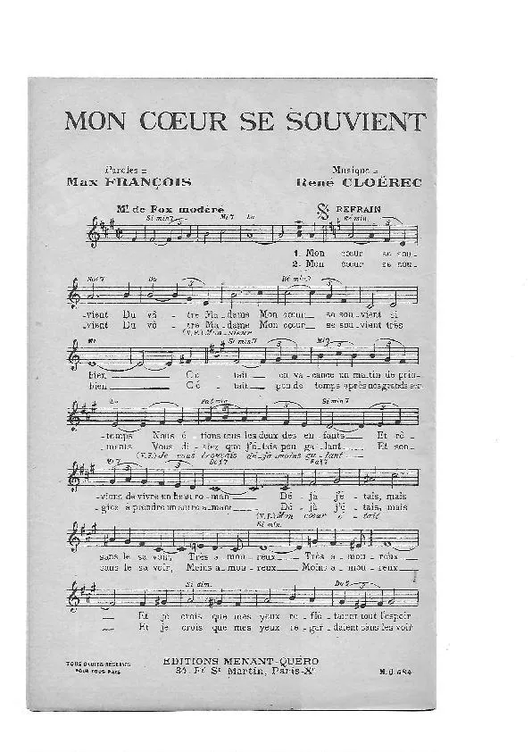 télécharger la partition d'accordéon Mon coeur se souvient (Fox) au format PDF