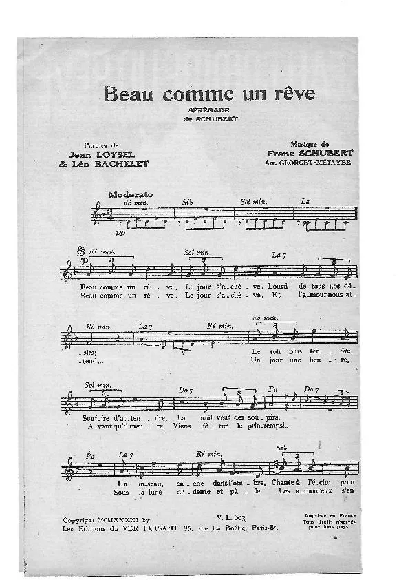 télécharger la partition d'accordéon Beau comme un rêve (Sérénade de Schubert ) (Arrangement : Georget-Métayer) (Chant : Tino Rossi) au format PDF