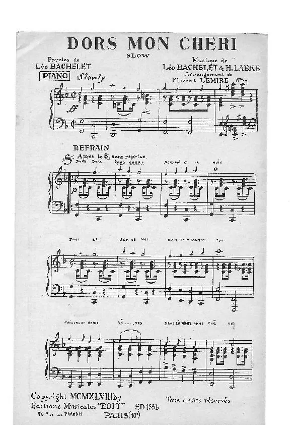 télécharger la partition d'accordéon Dors mon chéri (Arrangement : Florent Lemire) (Chant : Tino Rossi) (Slow) au format PDF