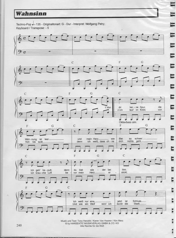 télécharger la partition d'accordéon Wahnsinn (Chant : Wolfgang Petry) au format PDF