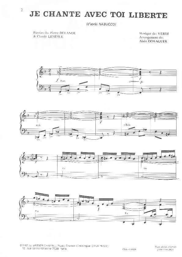 télécharger la partition d'accordéon Je chante avec toi liberté (d'après Nabucco) (Arrangement : Alain Goraguer) (Chant : Nana Mouskouri) au format PDF