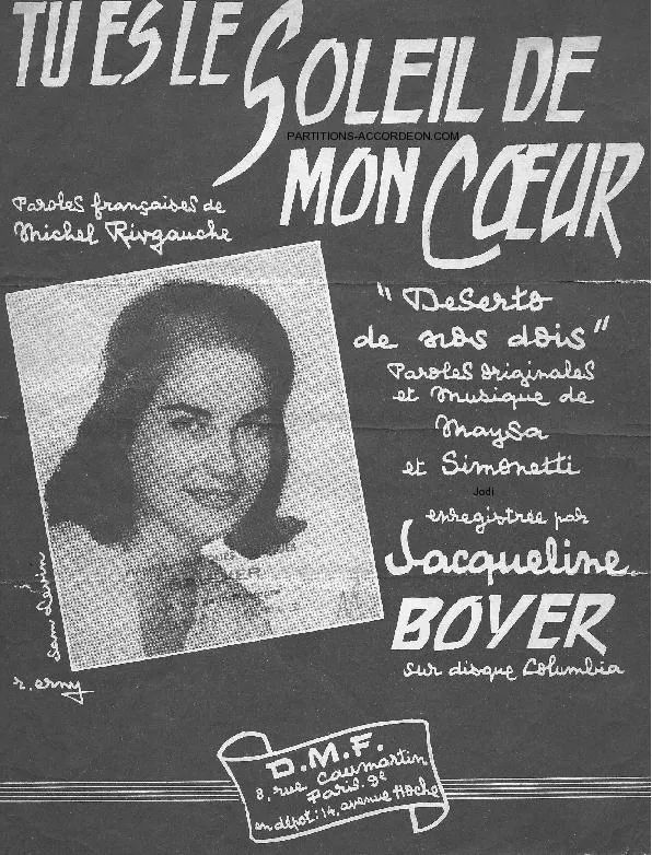 télécharger la partition d'accordéon Tu es le soleil de mon coeur (Deserto de nos doïs) (Chant : Jacqueline Boyer) (Boléro Lent) au format PDF
