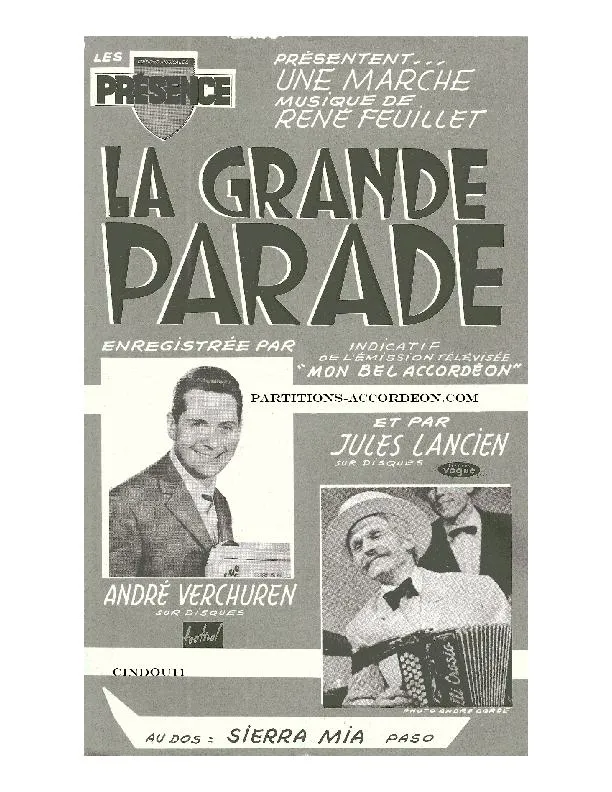 télécharger la partition d'accordéon La grande parade (Enregistré par : André Verchuren / Jules Lancien) (Orchestration Complète) (Marche) au format PDF