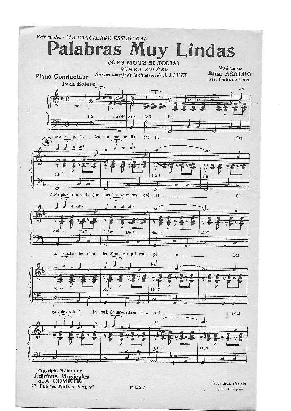 télécharger la partition d'accordéon Palabras muy lindas (Ces mots si jolis) (Sur les motifs de la chanson de Jean Livel) (Arrangement : Carlos de Lorca) (Rumba Boléro) au format PDF