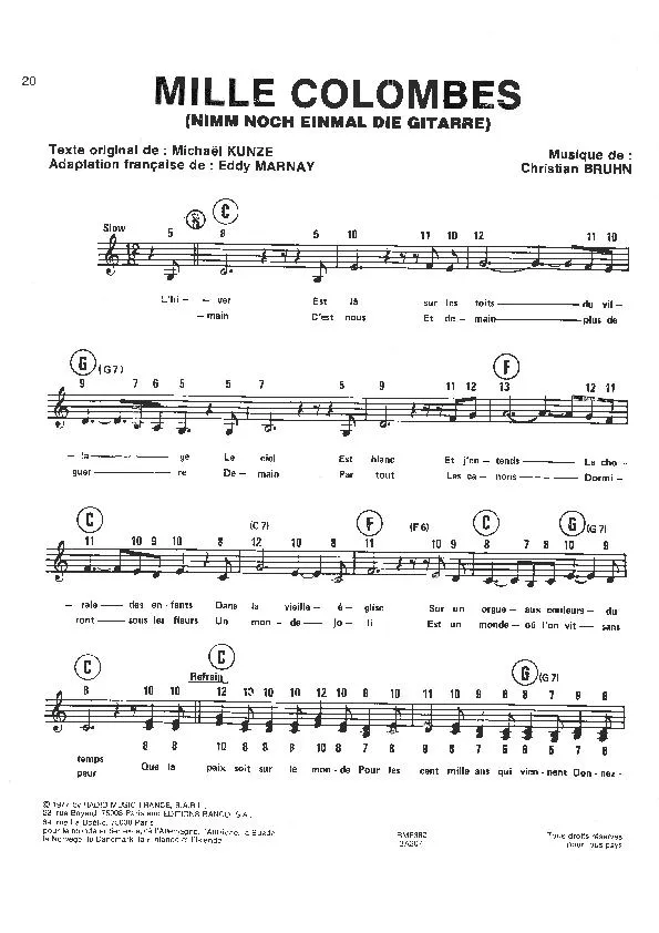 télécharger la partition d'accordéon Mille colombes (Nimm noch einmal die Gitarre) (Chant : Mireille Mathieu) (Slow) au format PDF