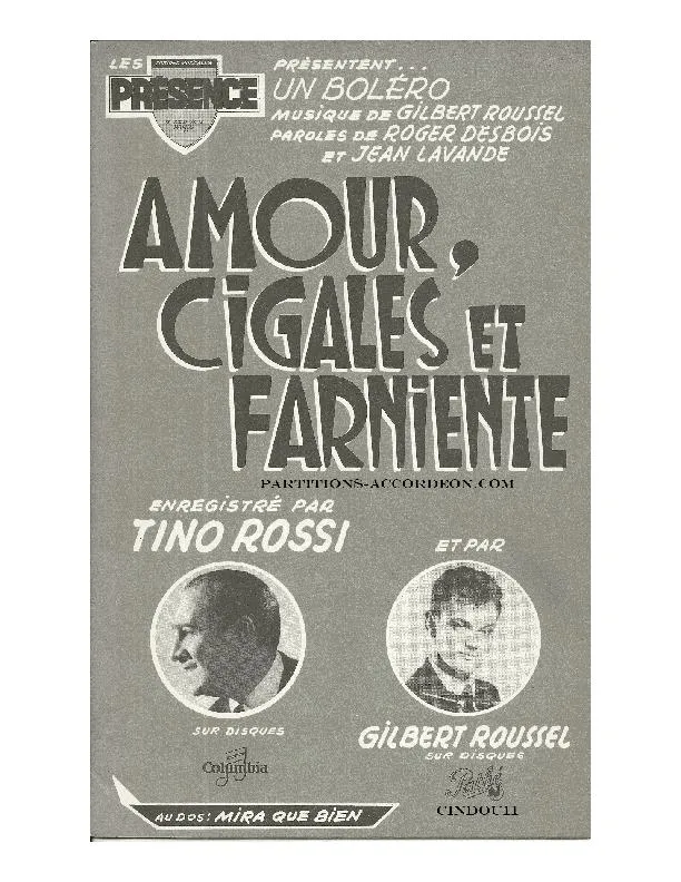 télécharger la partition d'accordéon Amour Cigales et Farniente (Enregistré par : Tino Rossi) (Orchestration Complète) (Boléro) au format PDF