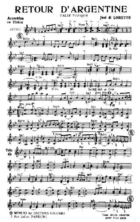 télécharger la partition d'accordéon Retour d'Argentine (Orchestration) (Valse Typique) au format PDF