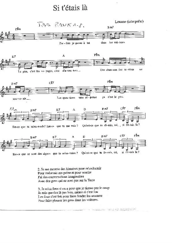 télécharger la partition d'accordéon Si t'étais là (Chant : Louane) au format PDF