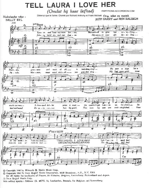 télécharger la partition d'accordéon Tell Laura I Love You (Omdat hij haar liefhad) (Dites-lui que je l'aime) (Chant : Richard Anthony / Frank Michael) au format PDF