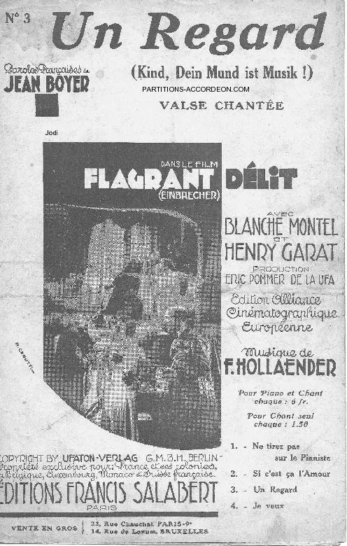 télécharger la partition d'accordéon Un regard (Kind dein Mund ist Musik) (Dans le film : Flagrant délit / Einbrecher) (Valse Chantée) au format PDF