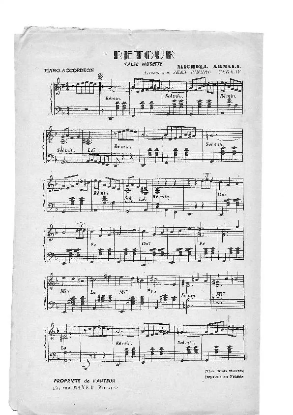 télécharger la partition d'accordéon Retour (Arrangement : Jean-Pierre Cernay ) (Valse Musette) au format PDF