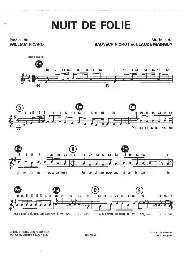 télécharger la partition d'accordéon Nuit de folie (Chant : Début de Soirée) (Disco) au format PDF