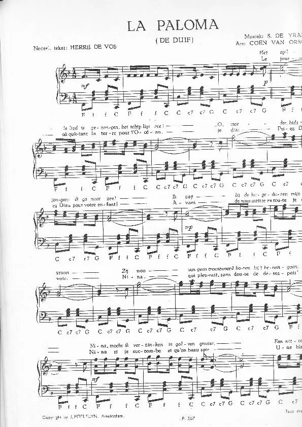 télécharger la partition d'accordéon La Paloma (De duif) (Arrangement : Coen Van Orsouw) (Tango) au format PDF