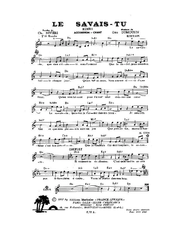 télécharger la partition d'accordéon Le savais-tu (Rumba) au format PDF