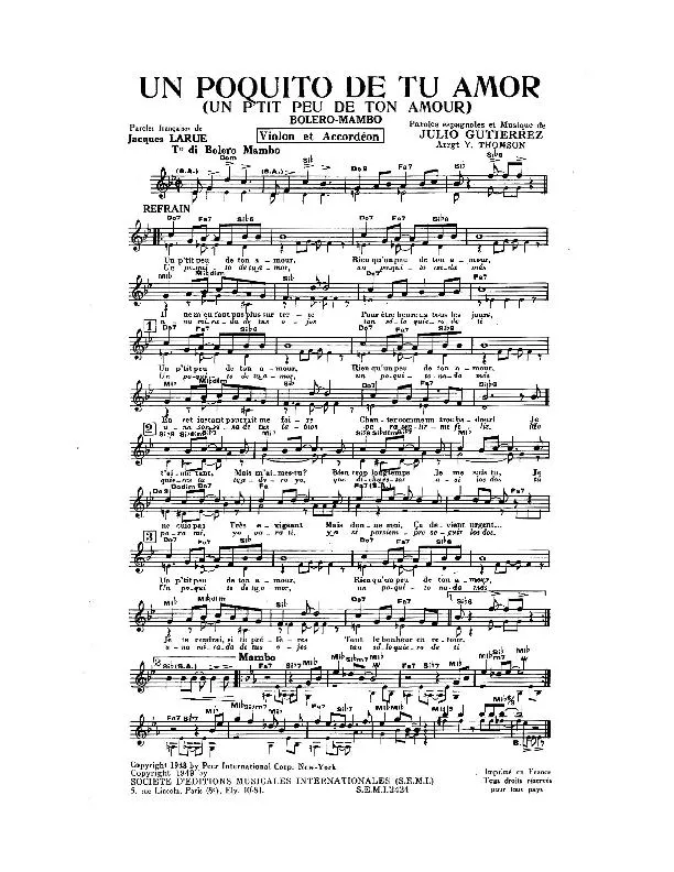 télécharger la partition d'accordéon Un poquito de tu amor (Un p'tit peu de ton amour) (Arrangement : Yvonne Thomson) (Boléro Mambo) au format PDF