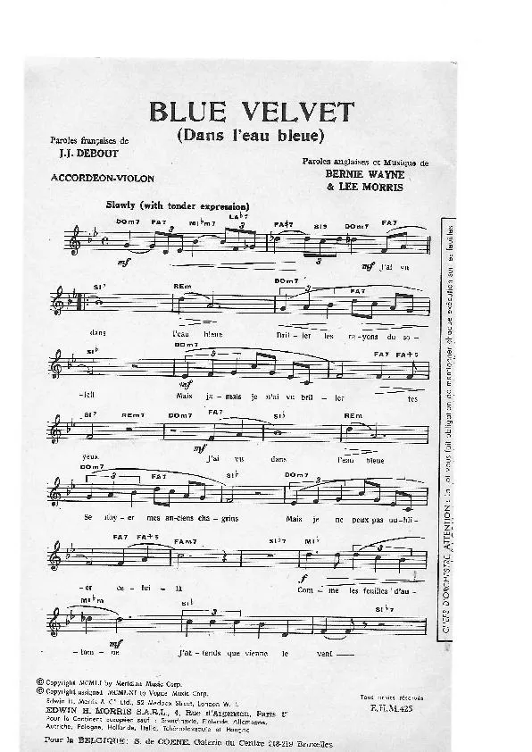 télécharger la partition d'accordéon Blue Velvet (Dans l'eau bleue) (Slow) au format PDF