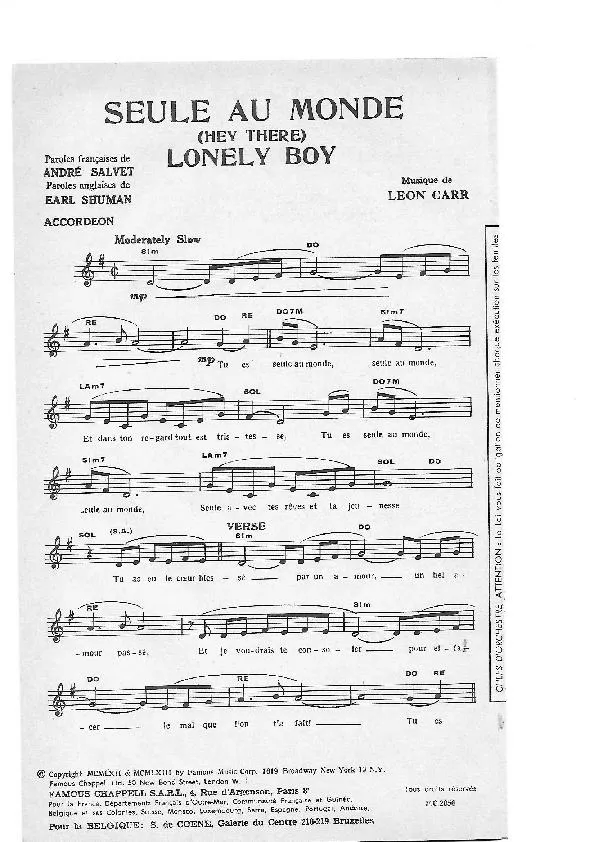 télécharger la partition d'accordéon Seule au monde (Hey there) (Lonely Boy) (Arrangement : Cliff King) (Slow) au format PDF