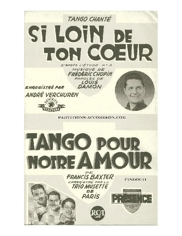 télécharger la partition d'accordéon Si loin de ton coeur (D'après l'étude n°3) (Enregistré par : André Verchuren) (Orchestration) (Tango) au format PDF