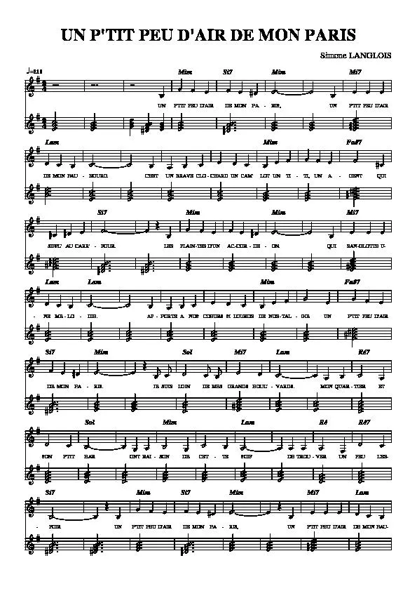 télécharger la partition d'accordéon Un p'tit peu d'air de mon Paris (Chant : Simone Langlois / François Vermeille) (Valse) (Relevé) au format PDF