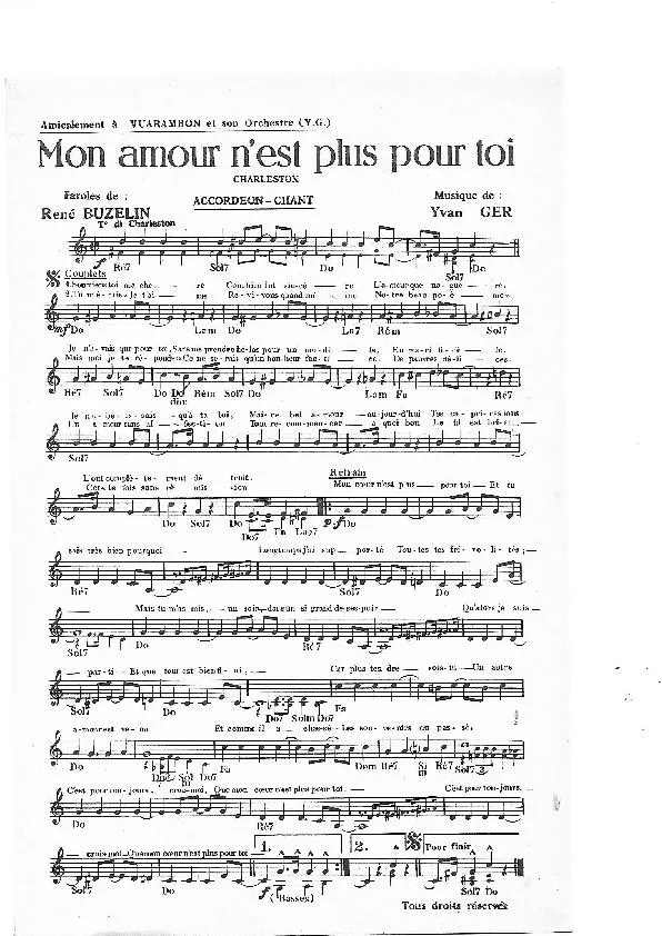 télécharger la partition d'accordéon Mon amour n'est plus pour toi (Charleston) au format PDF