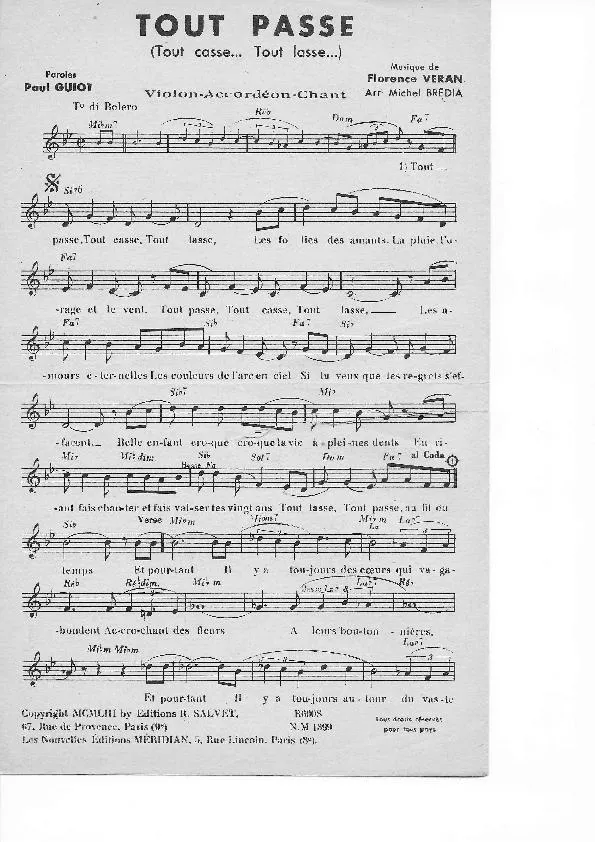 télécharger la partition d'accordéon Tout passe (Tout casse tout lasse) (Arrangement : Michel Brédia) (Boléro) au format PDF