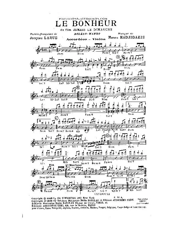 télécharger la partition d'accordéon Le Bonheur (Du Film : Jamais le dimanche) (Interprète : Dalida) (Orchestration) (Boléro Mambo) au format PDF