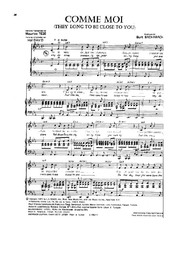 télécharger la partition d'accordéon Comme moi (They long to be close to you) (Chant : Sacha Distel) au format PDF