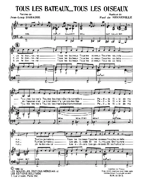 télécharger la partition d'accordéon Tous les bateaux Tous les oiseaux (Chant : Michel Polnareff) au format PDF