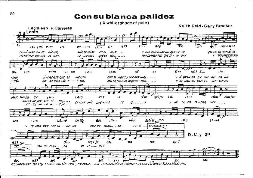télécharger la partition d'accordéon Con su blanca palidez (A whiter shade of pale) (Interprète : Procol Harum) au format PDF