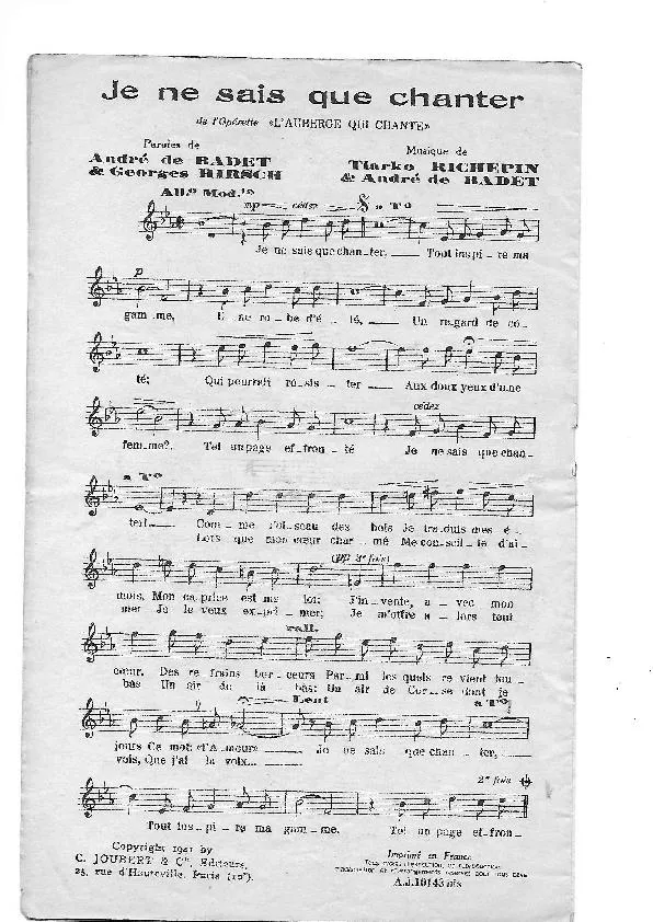télécharger la partition d'accordéon Je ne sais que chanter (De l'Opérette : L'auberge qui chante) (Chant : André Dassary) au format PDF