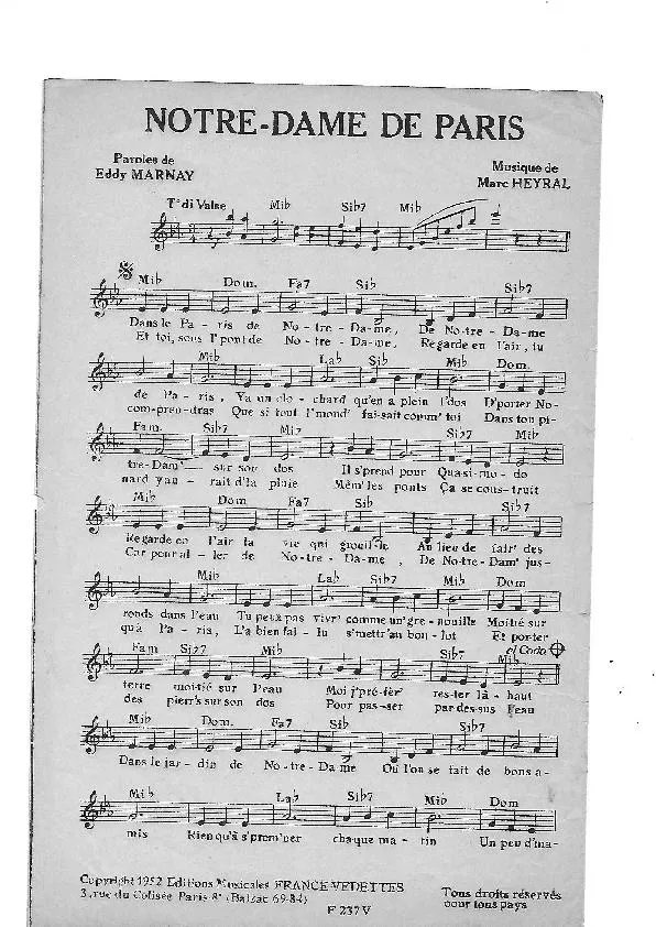 télécharger la partition d'accordéon Notre dame de Paris (Chant : Edith Piaf) (Valse) au format PDF