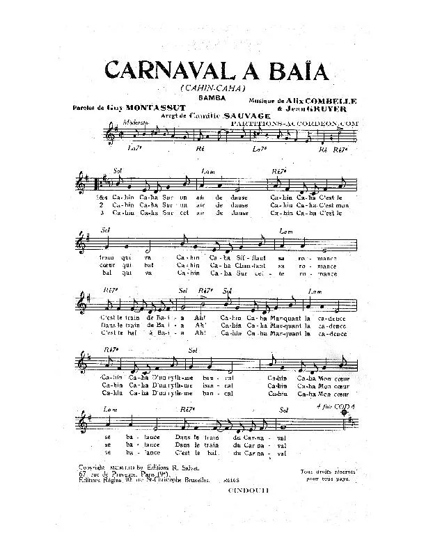 télécharger la partition d'accordéon Carnaval à Baïa (Cahin Caha) (Arrangement : Camille Sauvage) (Orchestration Complète) (Samba) au format PDF