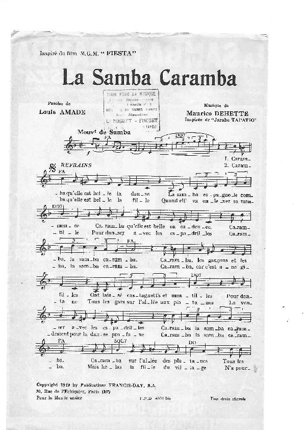 télécharger la partition d'accordéon La Samba Caramba (Du Film : Fiesta) (Créée par : Maurice Alexander) au format PDF