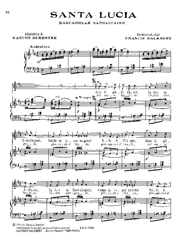 télécharger la partition d'accordéon Santa Lucia (Adaptation de Gaston Dumestre) (Harmonisation de Francis Salabert) (Chant : Tino Rossi) (Barcarolle Napolitaine) au format PDF
