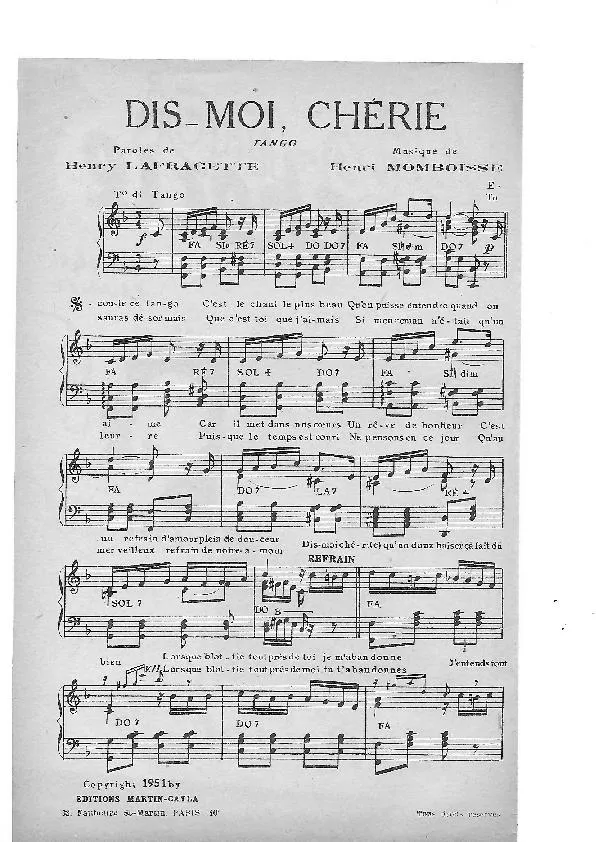 télécharger la partition d'accordéon Dis-moi chérie (Créé par : Jo Privat) (Tango) au format PDF
