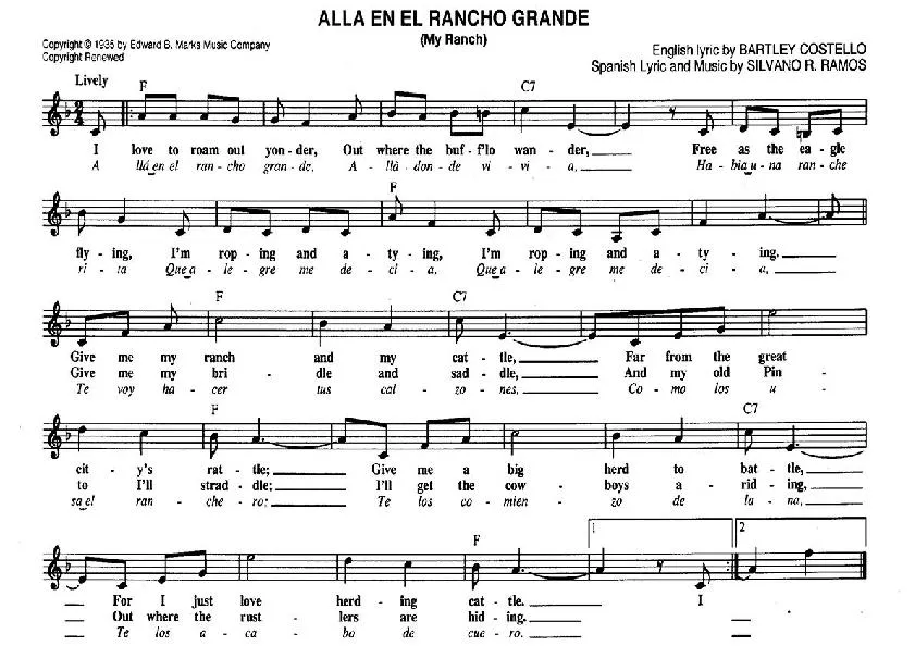 télécharger la partition d'accordéon Alla en el Rancho Grande (My Ranch) au format PDF