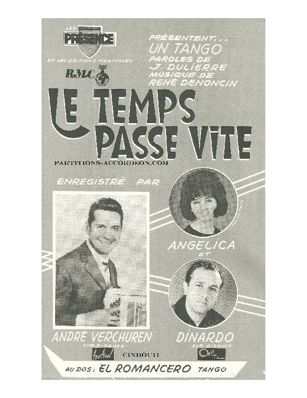 télécharger la partition d'accordéon Le temps passe vite (Enregistré par : André Verchuren / Angélica / Jean Dinardo) (Orchestration) (Tango) au format PDF