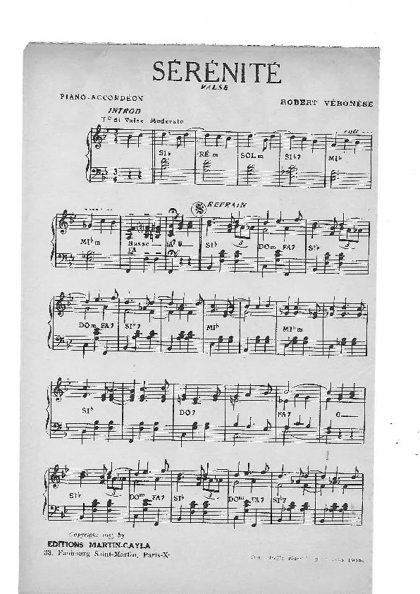 télécharger la partition d'accordéon Sérénité (Créée par Tony Muréna / Robert Véronèse) (Valse)   au format PDF