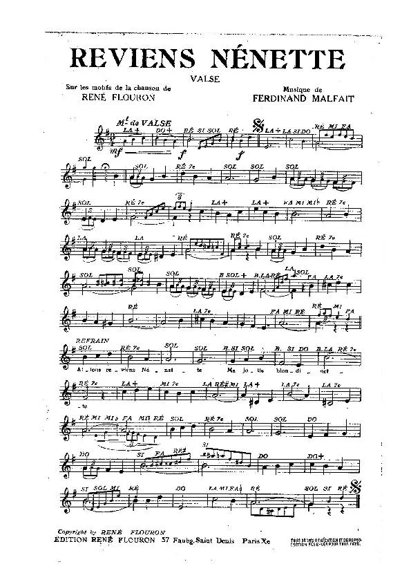 télécharger la partition d'accordéon Reviens Nénette (Sur les motifs de la chanson de René Flouron) (Valse) au format PDF